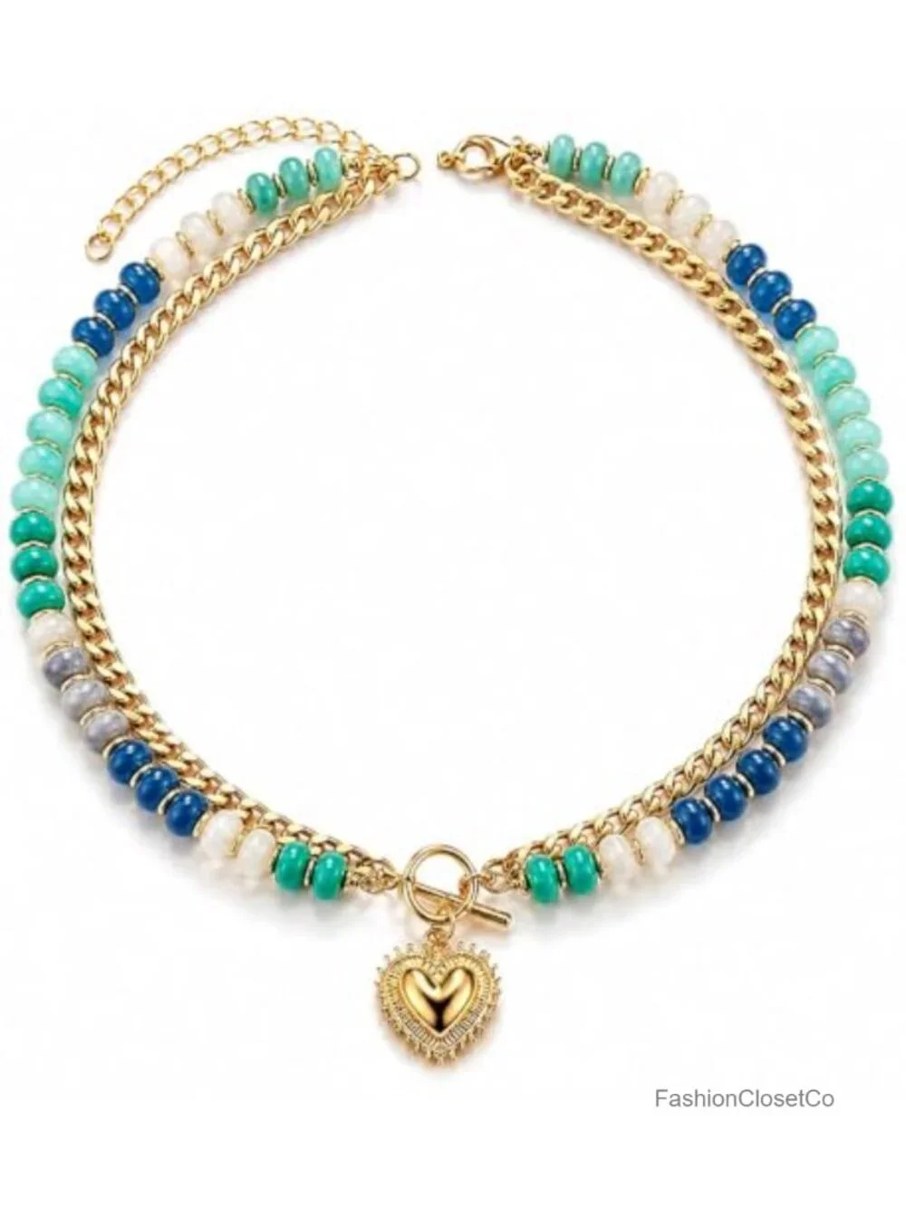 Colorful Beaded Layered Necklace with Heart Pendant Adjustable Choker Chain